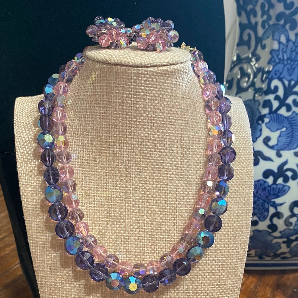 Japan Pink & Purple AB Crystal Bead Necklace, Bracelet and Earring Set